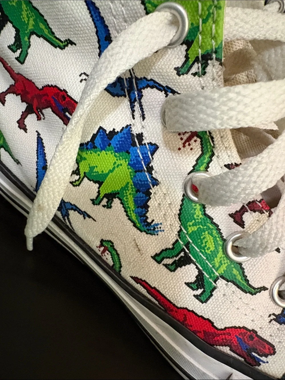 Converse Kids White High-Top Sneakers with Red, Green and Blue Dinosaur Print